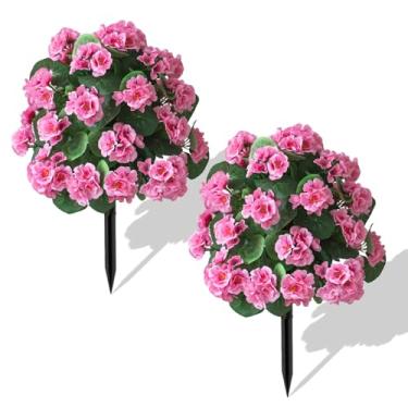 Imagem de Conjunto de 2 topiárias artificiais para uso ao ar livre com flor de begônia, árvore de bola de buxo de topiária falsa com espigão no chão, arbustos falsos, arbustos, planta perene para jardim interno