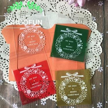 Imagem de Bolsas de biscoito de Celofane de plástico com guirlanda de Natal charmosas autoadesivas, 100 unidades de 4 , Wreath