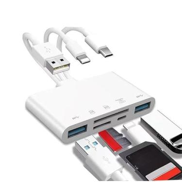 Imagem de Leitor de cartão de armazenamento 5 em 1 para vários dispositivos, carregamento TF+SD + 2USB + três fios, telefone Android, computador OTG, leitor de cartão/cartão SD