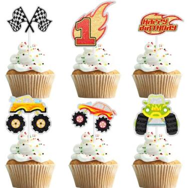 Imagem de 18pcs Big Truck Cupcake Toppers Kids 1st Car Themed Happy Birthday Checkered Flag Decorations, Boys and Girls Birthday Party, Transportation Themed Party, Baby Shower Smash Decoration Supplies (1st)