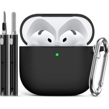Imagem de Capa para AirPods 4 2024 com kit de limpeza, capa protetora de silicone macio para Apple AirPods 4ª geração, capas para mulheres e homens, com chaveiro, preta