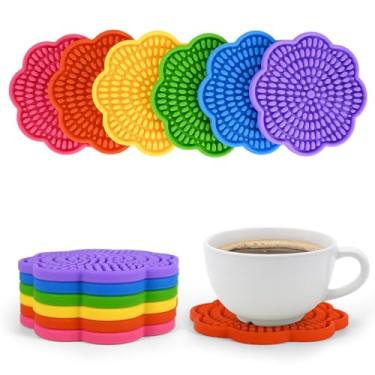 Imagem de Conjunto de 6 porta-copos coloridos de silicone para bebidas, absorventes de 10 cm, porta-copos, arco-íris, de borracha, em forma de flor, bandeja profunda, suporte para panelas, canecas, copos