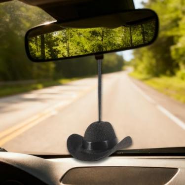 Imagem de Tuxihapp Chapéu de cowboy ocidental pingente de espelho retrovisor de carro, lindo mini chapéu de cowboy feito à mão, enfeite automotivo para pendurar, acessórios de pingente de interior de veículo