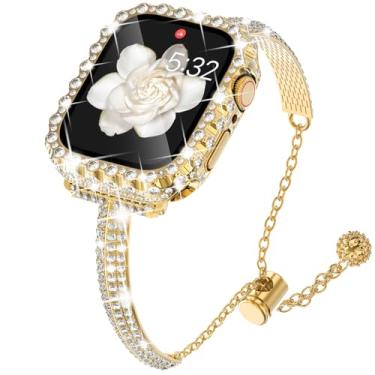 Imagem de WINGLE Pulseira feminina dourada para Apple Watch série 6 5 4 SE, pulseira de elos de metal com strass de diamante brilhante 2 em 1, à prova d'água, com borda de renda, protetor de tela, dourado