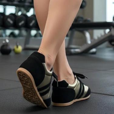 Imagem de Tenis Feminino Casual Dorf Retro Couro Preto e Ouro, 37