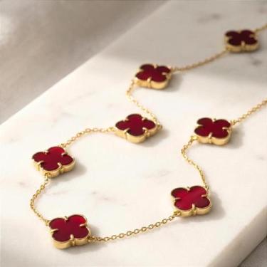 Imagem de Colar de Ouro 18k com 9 Trevos de Ágata Vermelha Natural de Alta Quali