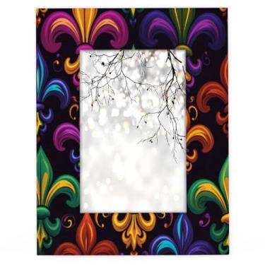 Imagem de YPPAHHHH Porta-retrato de 10 x 15 cm, estampa de carnaval, flor-de-lis, moldura de madeira, para decoração de mesa, parede, colagem, exibição, fotos de 9 x 9 cm com tapete ou 10 x 15 cm sem tapete