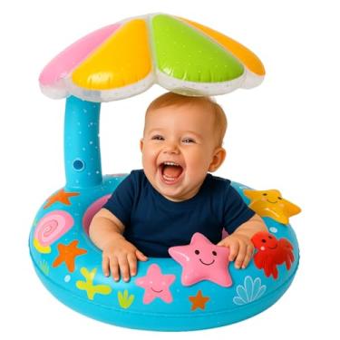 Imagem de Boia Inflável Infantil para Bebê com Cobertura e Assento Tipo Fralda para Piscina e Praia Conforto Estabilidade Proteção (Azul)