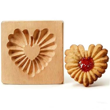 Imagem de Molde de biscoito de gengibre de madeira esculpida, molde de madeira 3D para assar biscoitos, prensa de biscoitos, conjunto de cortador de biscoito com carimbo de biscoito rosa Provance, molde de