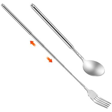 Imagem de Molain Conjunto de 2 peças extensíveis de garfo e colher, talheres telescópicos de aço inoxidável, colher telescópica, garfo telescópico, retrátil até 63 cm para churrasco, jantar, frutas, sobremesa
