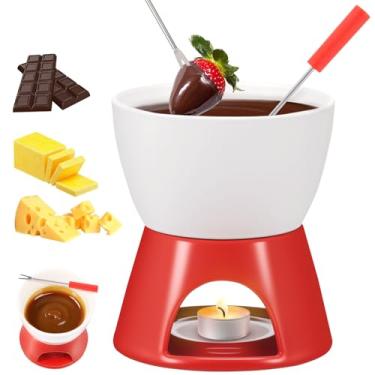 Imagem de Conjunto de fondue de chocolate, mini copo de fondue de cerâmica removível de 300 ml com garfo para micro-ondas e forno seguro para derreter chocolate manteiga queijo caramelo