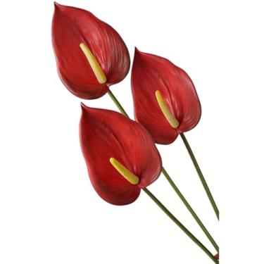 Imagem de 3 peças de flores artificiais de lírio de antúrio do tamanho da palma da mão: flores artificiais para mesa de jantar em casa, centro de mesa, plantadores ao ar livre e decoração de festa de formatura