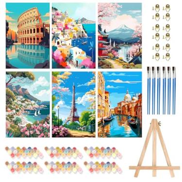 Imagem de askkqtx Kit de pintura emoldurada por números para adultos com cavalete de madeira, kit de pintura fácil de paisagem por números com moldura, pintura em aquarela para adultos por números, tela