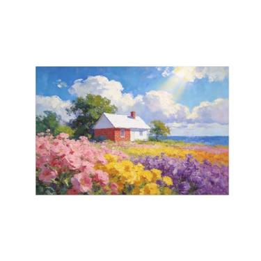 Imagem de BMZFYBS Impressão em tela de parede de paisagem - flores de casa nuvens - pintura de decoração - imagens para sala de estar 60 x 90 cm 24 x 35 pol sem moldura