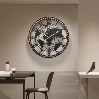 Imagem de HEBOIX Relógio de parede de 81 cm, relógios de parede decorativos para decoração de sala de estar, moldura de metal com design de mapa do mundo com madeira para corredor, escada, cozinha, exterior e