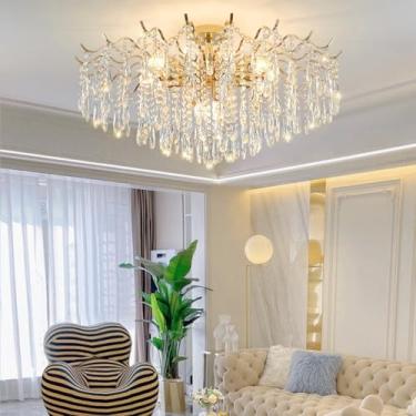 Imagem de Lustre de cristal luxuoso em formato de gota de chuva, dourado, estilo francês moderno, com temperatura de cor ajustável de 3000K a 6000K - Luminária de teto elegante para sala de jantar, sa