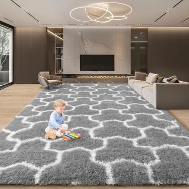 Imagem de EVOIONOS Tapete de área grande lavável de 15 x 23 cm para sala de estar, cinza e branco, tapete felpudo fofo para quarto, tapete antiderrapante de pelúcia ultra macio para piso interno, berçário
