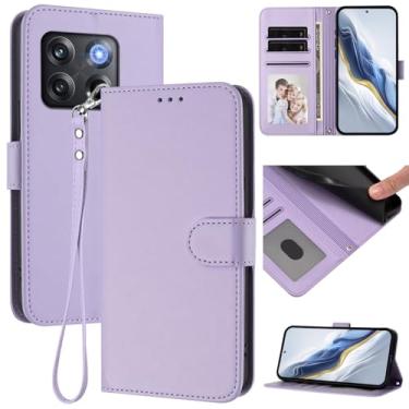 Imagem de Capa carteira para OnePlus Ace Pro 5G, capa fina de couro com compartimentos para cartões, alça de pulso e suporte, capa protetora à prova de choque para homens e mulheres (roxo claro)
