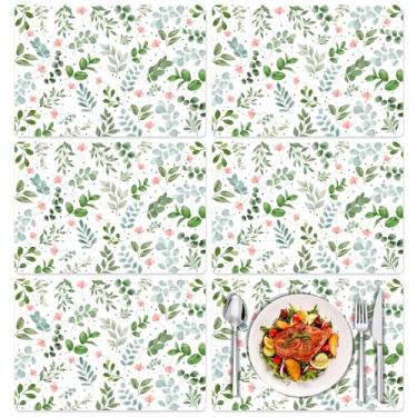 Imagem de Tarklanda Jogo americano de folhas verdes, conjunto de 6 tapetes de mesa de vinil floral aquarela, decorativos, primavera, flores silvestres, para cozinha, jantar, casamento, aniversário, festas