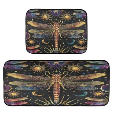 Imagem de xigua Conjunto de 2 peças de tapetes e tapetes de cozinha libélula arco-íris macios absorventes para chão tapete de cozinha antiderrapante conjunto de capacho de cozinha, 50 x 120 cm + 50 x 70 cm