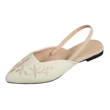Imagem de Sandálias femininas bordadas com bico fechado com bico fino e sola plana, design elegante, Bege, 35