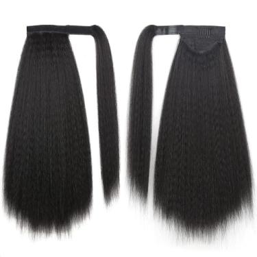 Imagem de Extensão de rabo de cavalo reto Yaki, extensão de rabo de cavalo para mulheres negras, extensão de cabelo humano Yaki, preto natural (rabo de cavalo com faixa de cabelo, 50,8 cm)