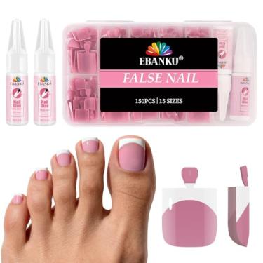 Imagem de Pontas francesas de pressão nos pés, 150 peças, pontas de unhas quadradas, rosa profundo, unha postiça, cobertura total, unhas artificiais para mulheres, salão de beleza, casa
