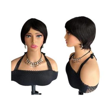 Imagem de Peruca De Cabelo Humano Liso Preto Com Corte Pixie, Feita À Máquina, C