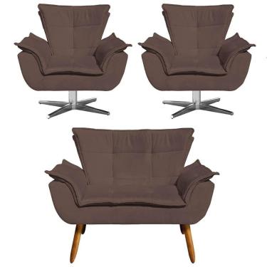 Imagem de Kit Namoradeira E 2 Poltronas Giratórias Cromada Opla Suede Marrom - Ibiza