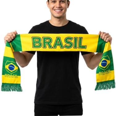 Imagem de Cachecol Do Brasil De Algodão Com Franja Para Torcida Verde E Amarelo 