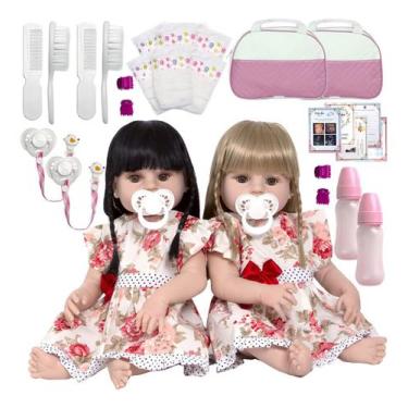 Imagem de Bebe Reborn Gêmeas Recém Nascidas 20 Itens Bolsa Maternidade - Cegonha