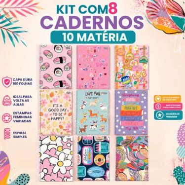 Imagem de Kit 8 Cadernos 10 Matérias Capa Dura 160 Folhas Feminino - Nova cadern