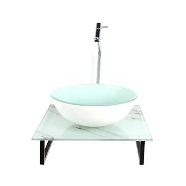 Imagem de KIT CUBA DE VIDRO REDONDA 10MM COM TAMPO DE VIDRO 40CM X 40CM MÁRMORE BRANCO E SUPORTE TORNEIRA VALVULA