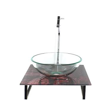 Imagem de KIT CUBA DE VIDRO REDONDA 10MM INCOLOR COM TAMPO DE VIDRO 40CM X 40CM MÁRMORE AVERMELHADO E SUPORTE TORNEIRA VALVULA