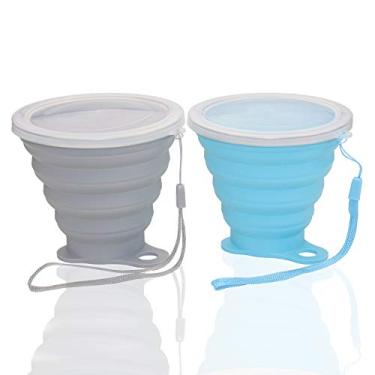 Imagem de Copos dobráveis de silicone para viagem de acampamento, copo portátil pequeno com tampas reutilizáveis para caminhadas ao ar livre 270 ml (azul e cinza, pacote com 2)
