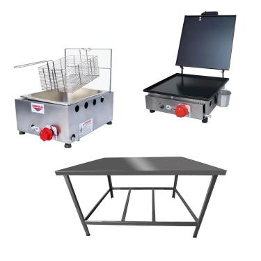 Imagem de Kit Lanchonete Mesa de Manipulação 100x55cm + Fritadeira a Gás 1 Cuba + Chapa a Gás 30cm Alcamar