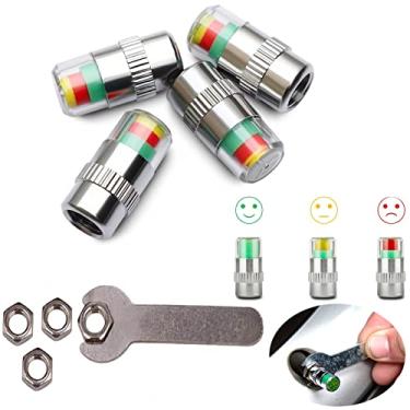 Imagem de HIYITKS Capas de válvula de monitor de pressão de pneu universal, 4 peças, indicador de sensor de válvula de pressão de pneu, 3 cores de alerta
