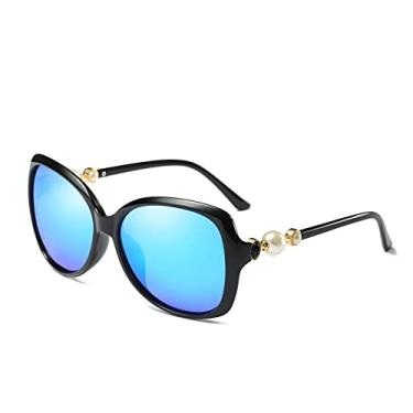 Imagem de Óculos de Sol Feminino Polarizado Único Handmand Pérola Óculos de Sol Lady Revestimento Espelho Personalidade Praia, C05 Preto Azul, Embalagem A