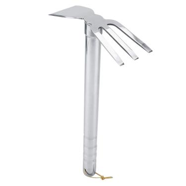 Imagem de Enxada e ancinho 2 em 1 dupla finalidades aço mini ancinho punho de borracha garra curta ancinho cultivador ferramenta de jardim ao ar livre para afrouxar o solo capina escavação, ancinho