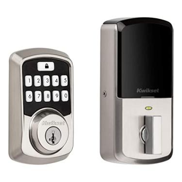 Imagem de Kwikset Fechadura de fechadura de porta programável com teclado Bluetooth Aura 99420-001 com segurança SmartKey, níquel acetinado