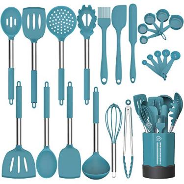 Imagem de Conjunto de utensílios de cozinha de silicone, fungun antiaderente, conjunto de utensílios de cozinha de 24 peças, utensílios de cozinha resistentes ao calor, utensílios de cozinha de silicone presente com cabo de aço inoxidável (azul - 24 peças)