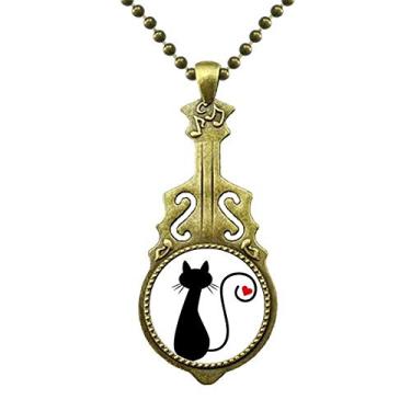 Imagem de DIYthinker Colar de coração gato sentada Sihouette animal colar antigo joia música pingente