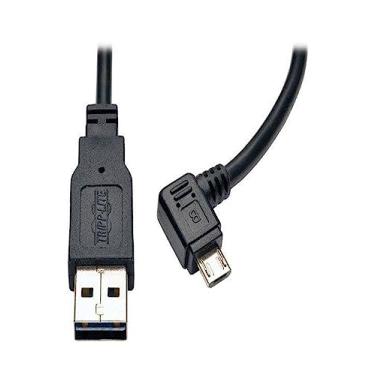 Imagem de TRIPP LITE Cabo de carregamento USB reversível A para ângulo reto de 5 pinos Micro B (UR05C-003-RB), preto