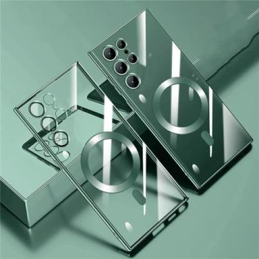 Imagem de MVVKKY Capa de carregamento magnética sem fio à prova de choque para Samsung S23 Ultra S23 S22Ultra S21 Plus Tampa traseira de vidro com lente transparente, verde escuro, para Samsung S22 Plus