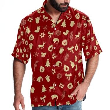 Imagem de Camisa de praia masculina casual de manga curta com botão vermelha Christmas Element, P, Multicolorido 1, GG