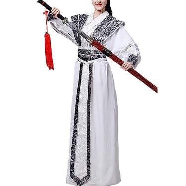 Imagem de Fantasia masculina tradicional de Hanfu chinês antigo espadachim cosplay wuxia dramas artes marciais roupa de apresentação de palco, Branco, GG