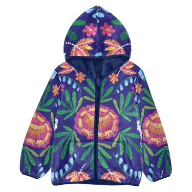 Imagem de KLL Jaqueta de lã para meninos com estampa de bordado floral decorativa jaqueta com capuz azul marinho jaqueta com zíper 3T, Padrão de bordado floral decorativo, 5 Anos