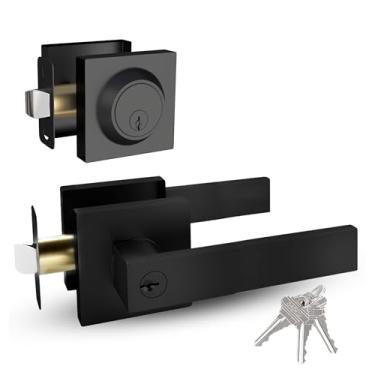 Imagem de Maçaneta de porta de entrada e trava de fechadura de cilindro único e pacote combo de chave – Conjunto de maçanetas de bloqueio quadrado resistente para portas de mão esquerda ou direita – Maçanetas de porta interior/exterior em acabamento preto fosco