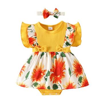 Imagem de Macacão infantil de verão para meninas com estampa floral e manga mosca, roupas para recém-nascidas, roupas para meninas 5 anos, Amarelo, 3-6 Months
