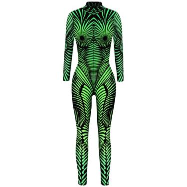 Imagem de FEOYA Women's Skeleton Bone Halloween Jumpsuit Print Costume Stretch Skinny Overall Bodysuits Green, Jumpsuit M